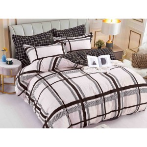 Lenjerie pat dublu,  FINET, 6 piese, cu ELASTIC, Jojo Home, Crem-Maro, dungi