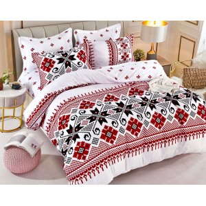 Lenjerie pat dublu,  FINET, 6 piese, cu ELASTIC, Jojo Home, Alb-Rosu, model traditional