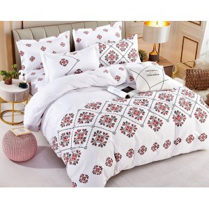 Lenjerie pat dublu,  FINET, 6 piese, cu ELASTIC, Jojo Home, Alb-Rosu, model traditional