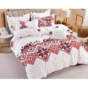 Lenjerie pat dublu,  FINET, 6 piese, cu ELASTIC, Jojo Home, Alb-Rosu, model traditional