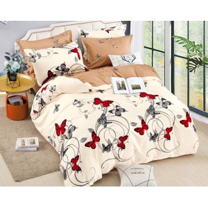 Lenjerie pat dublu,  FINET, 6 piese, cu ELASTIC, Jojo Home, Crem-Multicolor, fluturi