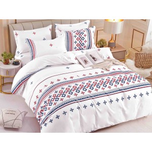 Lenjerie pat dublu,  FINET, 6 piese, Jojo Home, Alb-Rosu-Bleumarin, model traditional