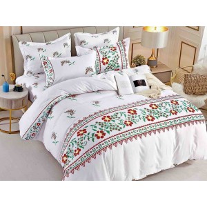 Lenjerie pat dublu,  FINET, 6 piese, Jojo Home, Alb-Rosu, model traditional