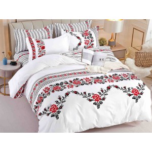 Lenjerie pat dublu,  FINET, 6 piese, Jojo Home, Alb-Rosu, model traditional