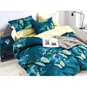 Lenjerie pat dublu,  FINET, 6 piese, Jojo Home, Turquoise-Multicolor, fluturi