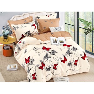 Lenjerie pat dublu,  FINET, 6 piese, Jojo Home, Crem-Negru-Rosu, fluturi