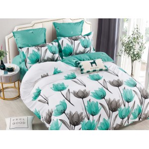 Lenjerie pat dublu,  FINET, 6 piese, Jojo Home, Alb-Verde Aqua, lalele