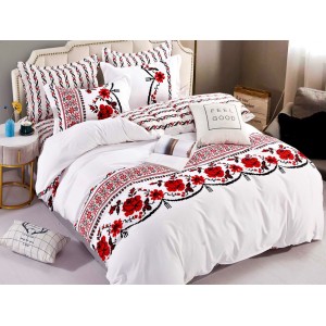 Lenjerie pat dublu,  FINET, 6 piese, Jojo Home, Alb-Rosu, model traditional