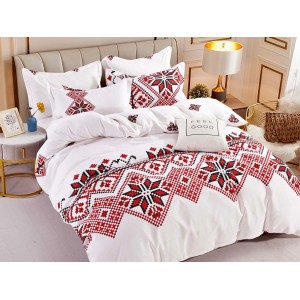 Lenjerie pat dublu,  FINET, 6 piese, Jojo Home, Alb-Rosu, model traditional