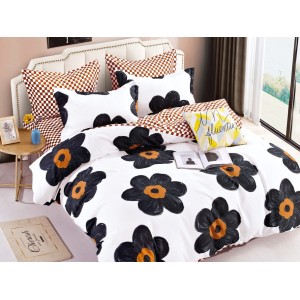 Lenjerie pat dublu,  FINET, 6 piese, Jojo Home, Alb-Negru, flori