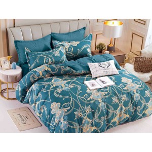 Lenjerie pat dublu,  FINET, 6 piese, cu ELASTIC, Jojo Home, Turquoise-Bej, model elegant