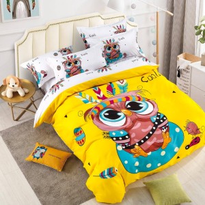 Lenjerie pat dublu,  FINET, Imprimeu Digital - Identic cu poza, 6 piese, Jojo Home, Galben-Multicolor, bufnite