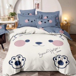 Lenjerie pat dublu,  FINET, Imprimeu Digital - Identic cu poza, 6 piese, Jojo Home, Crem-Bleu, ursulet