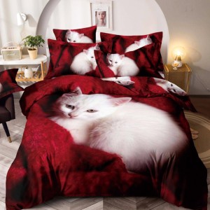 Lenjerie pat dublu,  FINET, Imprimeu Digital - Identic cu poza, 6 piese, Jojo Home, Rosu-Alb, pisicuta