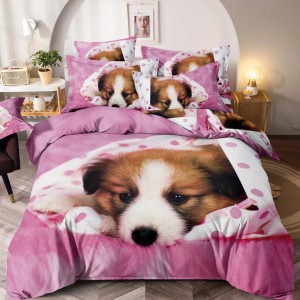 Lenjerie pat dublu,  FINET, Imprimeu Digital - Identic cu poza, 6 piese, Jojo Home, Roz-Multicolor, catel