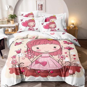 Lenjerie pat dublu,  FINET, Imprimeu Digital - Identic cu poza, 6 piese, Jojo Home, Alb-Multicolor, printesa, flori