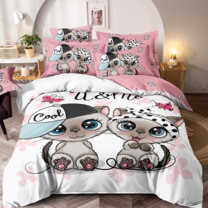 Lenjerie pat dublu,  FINET, Imprimeu Digital - Identic cu poza, 6 piese, Jojo Home, Alb-Multicolor, pisici