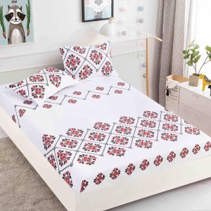 Cearsaf cu elastic, Bumbac FINET, 160/180x200cm, 2 fete de perne 50x70cm, Jojo Home, Alb-Rosu, model traditional