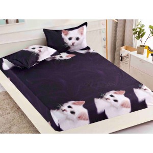 Cearsaf cu elastic, Bumbac FINET, 160/180x200cm, 2 fete de perne 50x70cm, Jojo Home, Alb-Bleumarin, pisicute