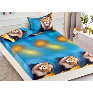 Cearsaf cu elastic, Bumbac FINET, 160/180x200cm, 2 fete de perne 50x70cm, Jojo Home, Albastru-Multicolor, lei