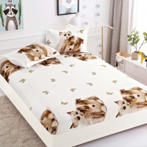 Cearsaf cu elastic, Bumbac FINET, 160/180x200cm, 2 fete de perne 50x70cm, Jojo Home, Crem-Maro, pisicute