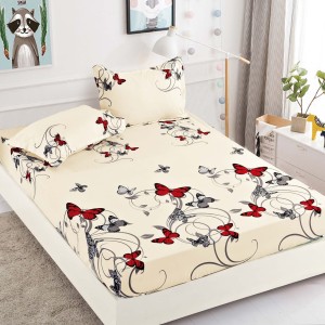 Cearsaf cu elastic, Bumbac FINET, 160/180x200cm, 2 fete de perne 50x70cm, Jojo Home, Crem, fluturi