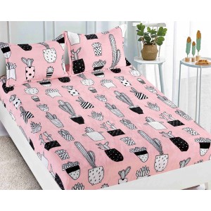 Cearsaf cu elastic COCOLINO, 180x200x25cm, 2 fete de perne, Jojo Home, Roz-Negru, cactusi