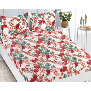 Cearsaf cu elastic COCOLINO, 180x200x25cm, 2 fete de perne, Jojo Home, Alb-Rosu, flori