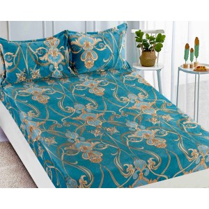 Cearsaf cu elastic COCOLINO, 180x200x25cm, 2 fete de perne, Jojo Home, Turquoise-Bej, model elegant