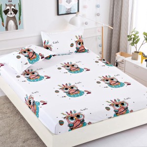 Cearsaf cu elastic, Bumbac FINET, 90x200cm, 2 fete de perne 50x70cm, Jojo Home, Alb-Multicolor, bufnite