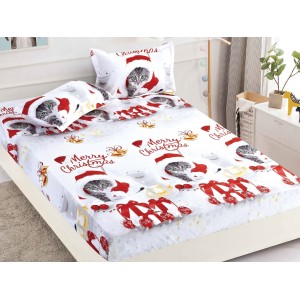 Cearsaf cu elastic, Bumbac FINET, 160/180x200cm, 2 fete de perne 50x70cm, Craciun, Jojo Home, Alb, pisicute