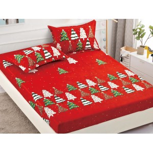 Cearsaf cu elastic, Bumbac FINET, 160/180x200cm, 2 fete de perne 50x70cm, Craciun, Jojo Home, Rosu, brazi