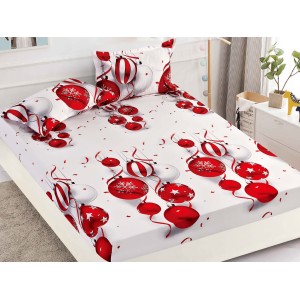 Cearsaf cu elastic, Bumbac FINET, 160/180x200cm, 2 fete de perne 50x70cm, Craciun, Jojo Home, Alb-Rosu, globulete