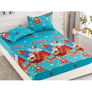 Cearsaf cu elastic, Bumbac FINET, 160/180x200cm, 2 fete de perne 50x70cm, Craciun, Jojo Home, Bleu, Mos Craciun