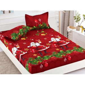 Cearsaf cu elastic, Bumbac FINET, 160/180x200cm, 2 fete de perne 50x70cm, Craciun, Jojo Home, Rosu, Mos Craciun