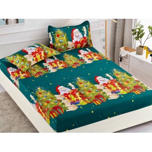 Cearsaf cu elastic, Bumbac FINET, 160/180x200cm, 2 fete de perne 50x70cm, Craciun, Jojo Home, Verde, Mos Craciun, brazi, cadouri