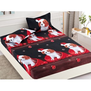 Cearsaf cu elastic, Bumbac FINET, 160/180x200cm, 2 fete de perne 50x70cm, Craciun, Jojo Home, Negru-Rosu, catelusi