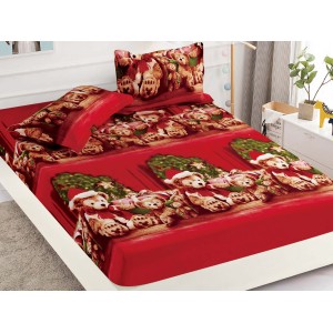 Cearsaf cu elastic, Bumbac FINET, 160/180x200cm, 2 fete de perne 50x70cm, Craciun, Jojo Home, Rosu, ursuleti