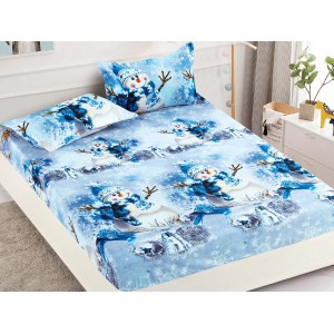 Cearsaf cu elastic, Bumbac FINET, 160/180x200cm, 2 fete de perne 50x70cm, Craciun, Jojo Home, Bleu, oameni de zapada