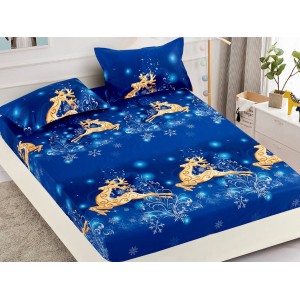 Cearsaf cu elastic, Bumbac FINET, 160/180x200cm, 2 fete de perne 50x70cm, Craciun, Jojo Home, Albastru-Auriu, reni