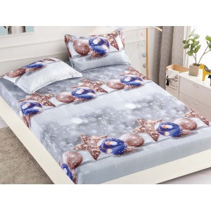 Cearsaf cu elastic, Bumbac FINET, 160/180x200cm, 2 fete de perne 50x70cm, Craciun, Jojo Home, Gri-Multicolor, globulete