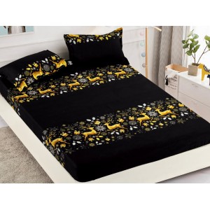 Cearsaf cu elastic, Bumbac FINET, 160/180x200cm, 2 fete de perne 50x70cm, Craciun, Jojo Home, Negru-Auriu, reni