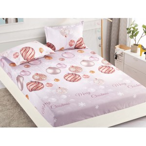 Cearsaf cu elastic, Bumbac FINET, 160/180x200cm, 2 fete de perne 50x70cm, Craciun, Jojo Home, Roz, globulete