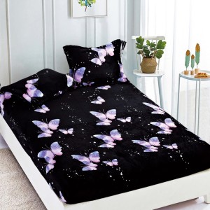 Cearsaf cu elastic COCOLINO, 180x200x25cm, 2 fete de perne, Jojo Home, Negru-Mov, fluturi