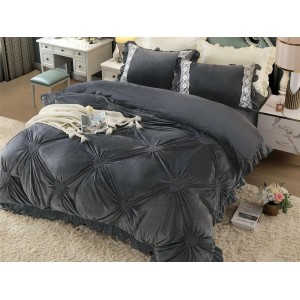 Lenjerie pat dublu, Catifea Deluxe, cu pliuri brodate, 4 piese, Jojo Home, Antracit