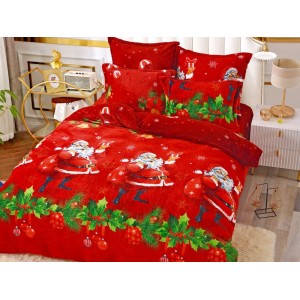 Lenjerie pat dublu, Super Pufoasa COCOLINO, 6 piese, Jojo Home, Rosu-Verde, Mos Craciun