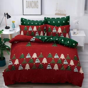 Lenjerie pat dublu,  FINET, 6 piese, Craciun, Jojo Home, Rosu-Verde, brazi