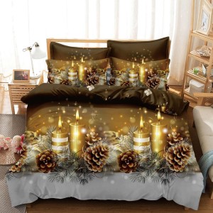 Lenjerie pat dublu,  FINET, 6 piese, Craciun, Jojo Home, Auriu-Multicolor, lumanari, crengute de brad, conuri