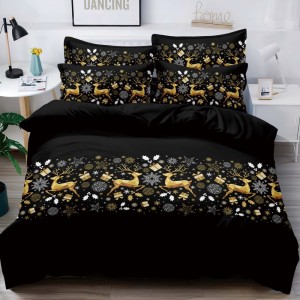 Lenjerie pat dublu,  FINET, 6 piese, Craciun, Jojo Home, Negru-Auriu, reni, cadouri