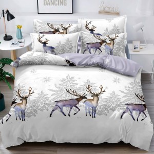 Lenjerie pat dublu,  FINET, 6 piese, cu ELASTIC, Craciun, Jojo Home, Alb-Gri, reni